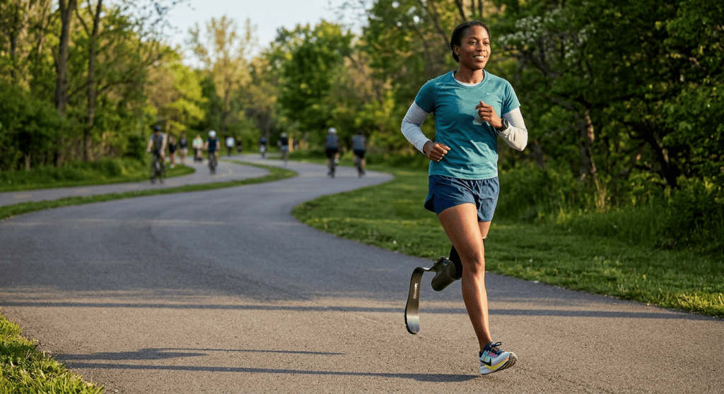 Woman running with a running blade prosthetic on a winding park trail surrounded by greenery