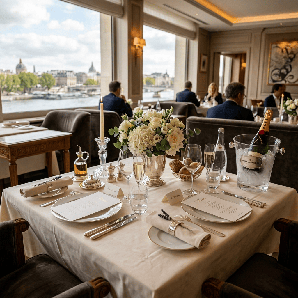 Tables set with white linens, floral centerpiece, menus, and champagne near large windows with Eiffel Tower view